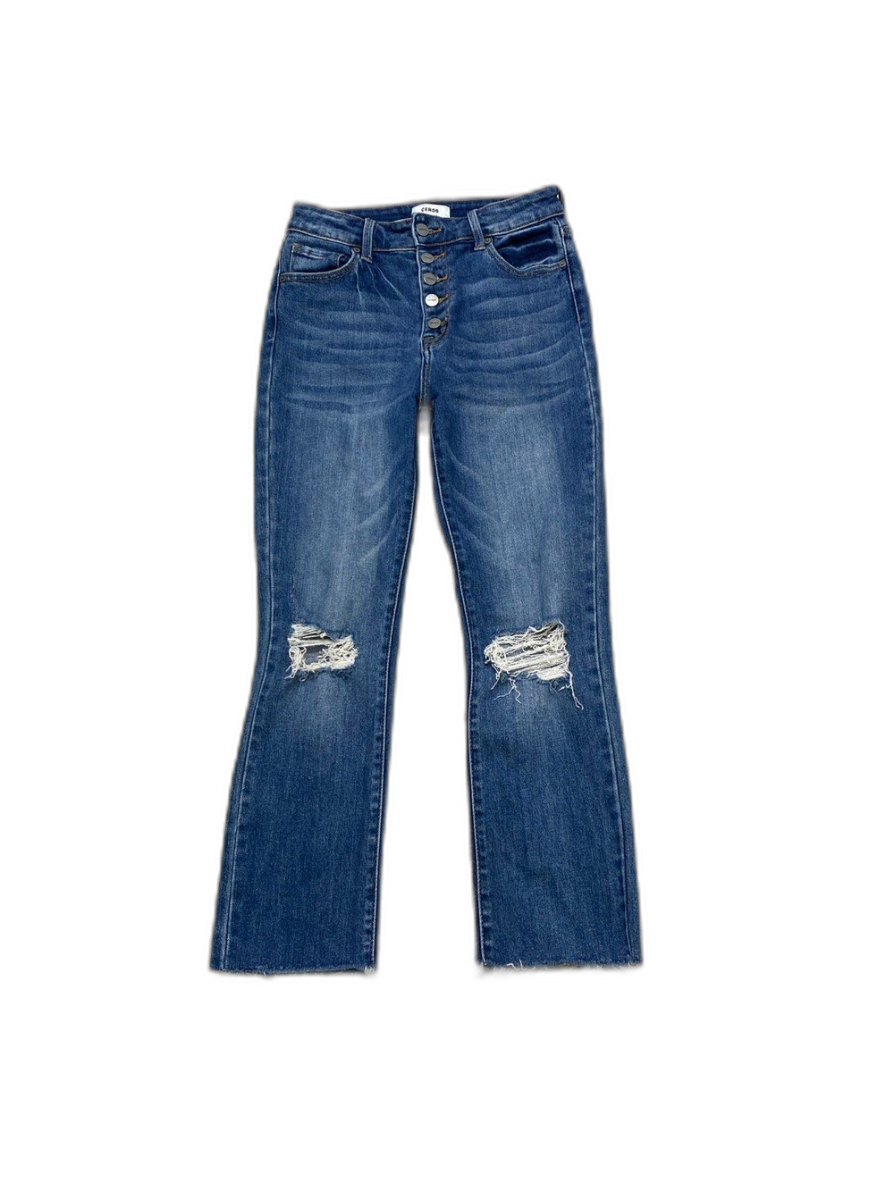 28 Ceros High-Rise Exposed Button Fly Distressed Crop Straight Raw Hem